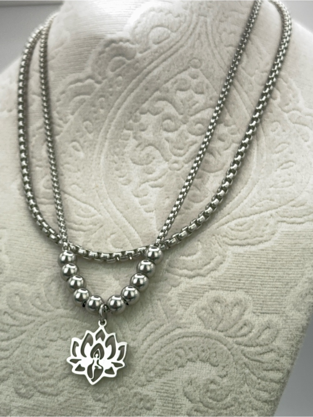 Stainless Steel Silver Lotus Pendant Yoga Zen Double Chain Layered Necklace